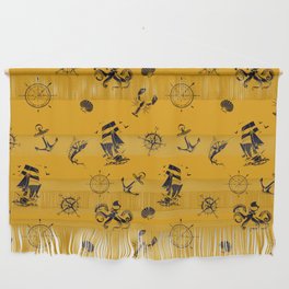Mustard And Blue Silhouettes Of Vintage Nautical Pattern Wall Hanging