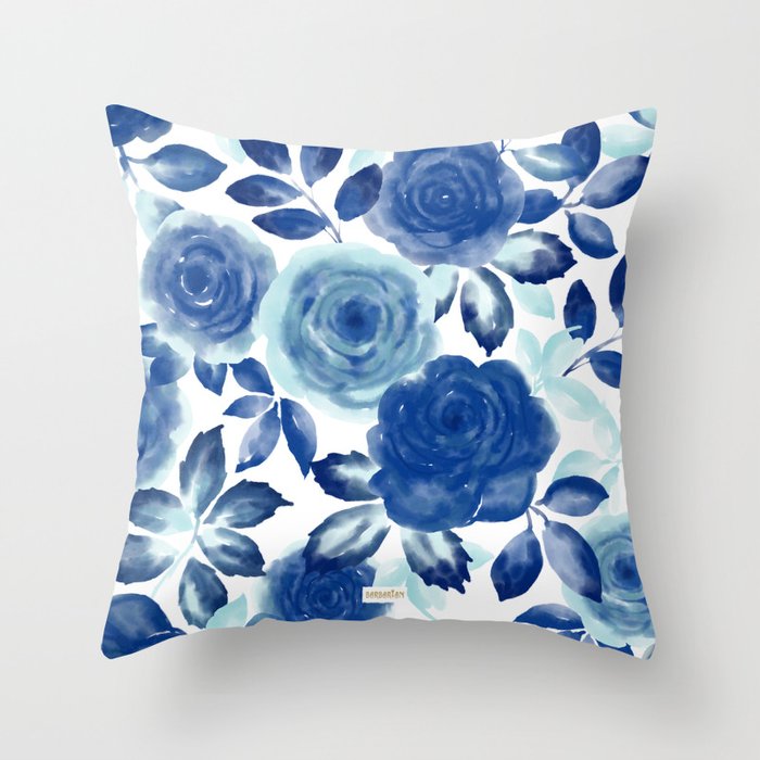 PARISIAN BLOOM Blue Roses Throw Pillow