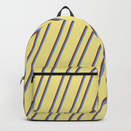 [ Thumbnail: Tan, Brown, and Cornflower Blue Colored Striped/Lined Pattern Backpack ]