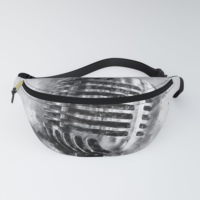 Classic Vintage Chrome Microphone in Black and White Watercolor Fanny Pack