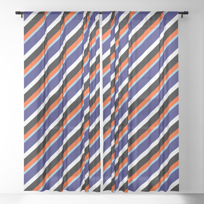 Red, Sky Blue, Midnight Blue, White, and Black Colored Lines/Stripes Pattern Sheer Curtain