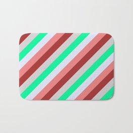 [ Thumbnail: Vibrant Light Grey, Green, Lavender, Light Coral, and Brown Colored Lines Pattern Bath Mat ]