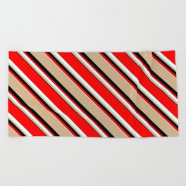 [ Thumbnail: Red, Light Cyan, Tan, and Black Colored Lines/Stripes Pattern Beach Towel ]