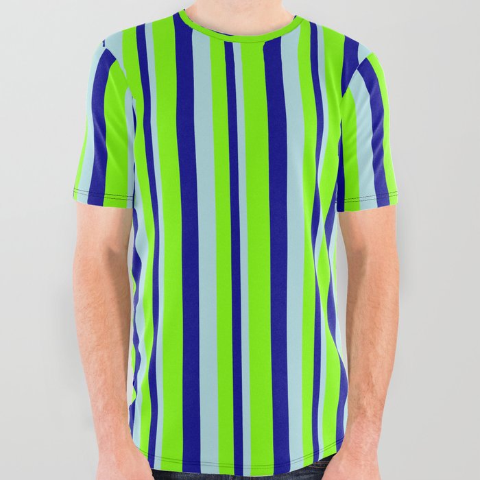 Powder Blue, Dark Blue, and Chartreuse Colored Lines Pattern All Over Graphic Tee