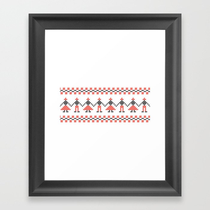 Traditional Hora people cross-stitch row white Framed Art Print