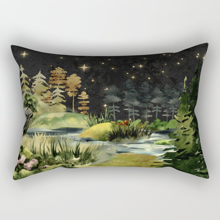 Watercolour Night Stream Landscape Rectangular Pillow