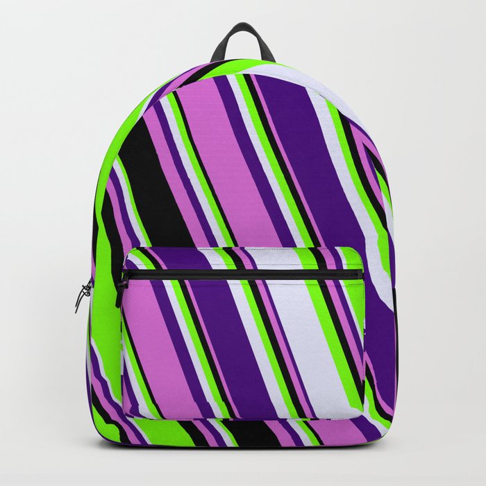 Chartreuse, Lavender, Indigo, Orchid & Black Colored Striped/Lined Pattern Backpack
