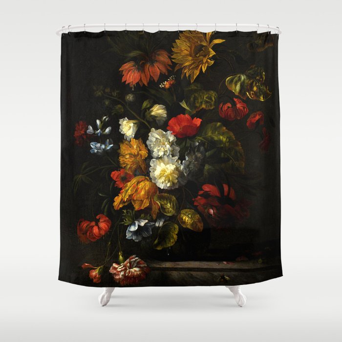 Ernst Stuven "A sunflower, carnations, roses, tulips and other flowers in a glass vase on a marble" Shower Curtain