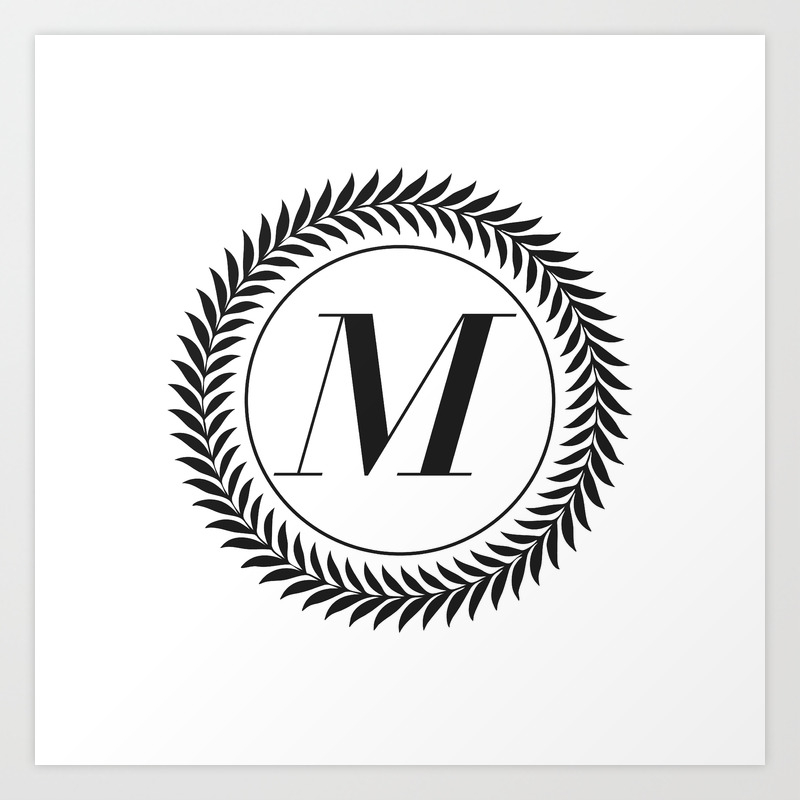 Monogram Laurel Wreath Design In White Letter M Vector Art Print
