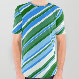 [ Thumbnail: Eye-catching Blue, Mint Cream, Sea Green, Dark Green & Light Sky Blue Colored Lined Pattern All Over Graphic Tee ]
