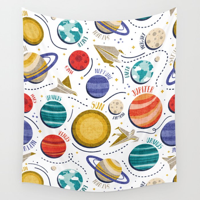 Paper space adventure I // white background multicoloured solar system paper cut planets origami paper spaceships and rockets Wall Tapestry