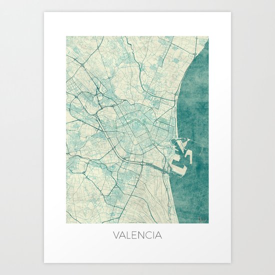 Valencia Map Blue Vintage Art Print