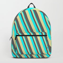 [ Thumbnail: Cyan, Pale Goldenrod & Dim Grey Colored Lines/Stripes Pattern Backpack ]