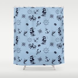 Pale Blue And Blue Silhouettes Of Vintage Nautical Pattern Shower Curtain