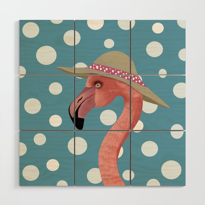Flamingo - Blue Polka Dots Wood Wall Art