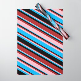 [ Thumbnail: Red, Pink, Deep Sky Blue, and Black Colored Stripes/Lines Pattern Wrapping Paper ]