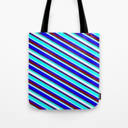 [ Thumbnail: Mint Cream, Blue, Dark Red, and Aqua Colored Lined Pattern Tote Bag ]