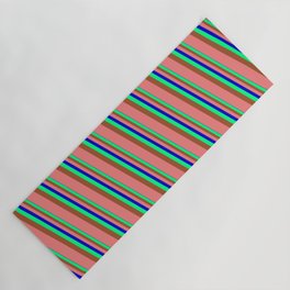 [ Thumbnail: Blue, Green, Sienna & Light Coral Colored Striped/Lined Pattern Yoga Mat ]