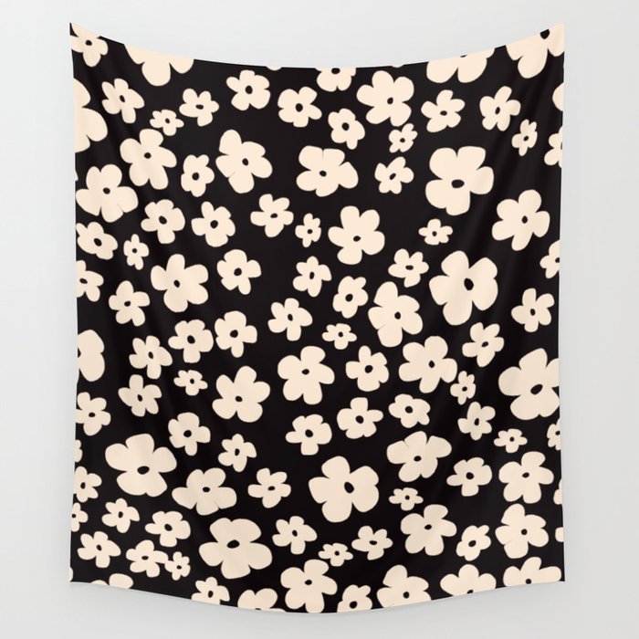 Black and White Retro Flowers Wall Tapestry