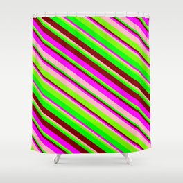 [ Thumbnail: Vibrant Fuchsia, Light Pink, Green, Lime, and Maroon Colored Pattern of Stripes Shower Curtain ]