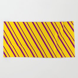 [ Thumbnail: Yellow and Purple Colored Lined Pattern Beach Towel ]