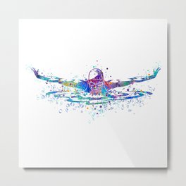 Girl Swimming Butterfly Colorful Watercolor Art Metal Print