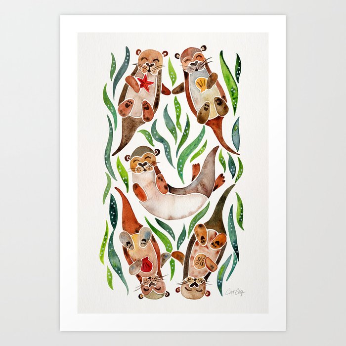 Five Otters – Green Seaweed Art Print