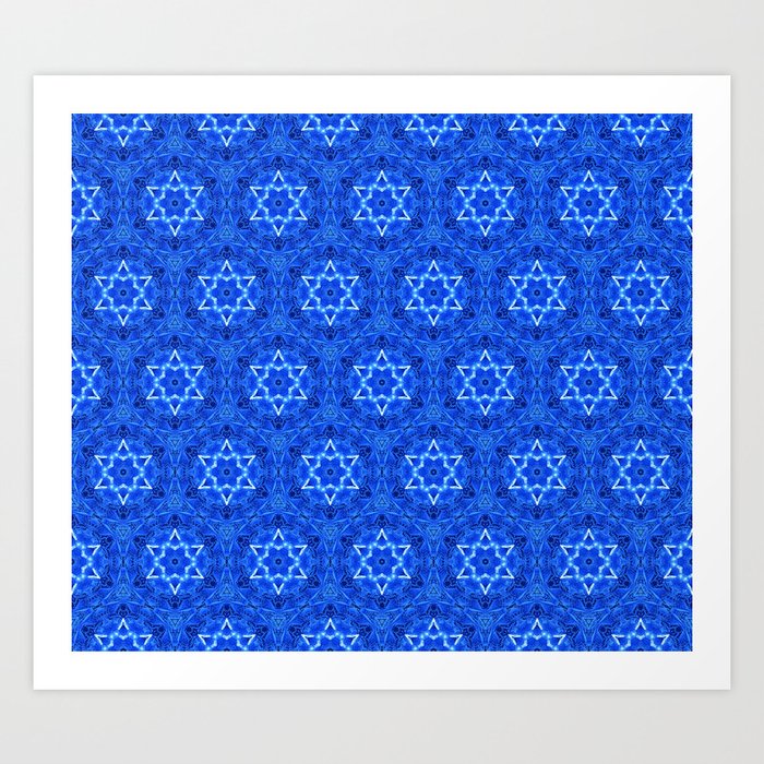 Jewish Israel Star of David Kaleidoscope Navy Blue White Pattern Pretty abstract beautiful Decor Art Print