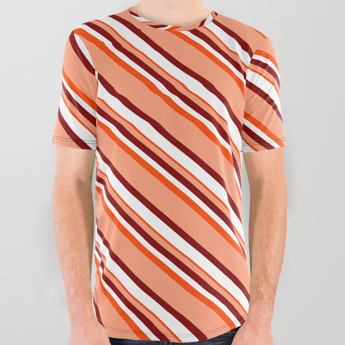 Light Salmon, Maroon, White, and Red Colored Lined Pattern All Over Graphic Tee