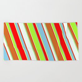 [ Thumbnail: Colorful Chocolate, Sky Blue, Light Green, Mint Cream, and Red Colored Lined/Striped Pattern Beach Towel ]