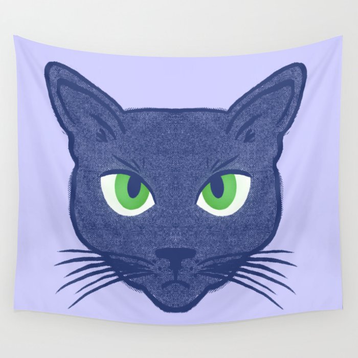 Retro Modern Periwinkle Cat Halftone Wall Tapestry