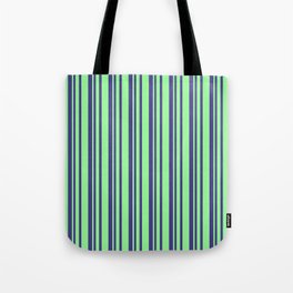 [ Thumbnail: Dark Slate Blue & Green Colored Lines Pattern Tote Bag ]