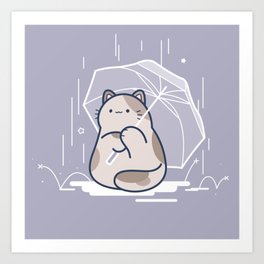 Cute Kawaii Rainy Day Cat Holding an Umbrella Art Print | Digital, Cute, Rain, Rainy, Painting, Weather, Calico, Clearumbrella, Kitty, Kawaii 