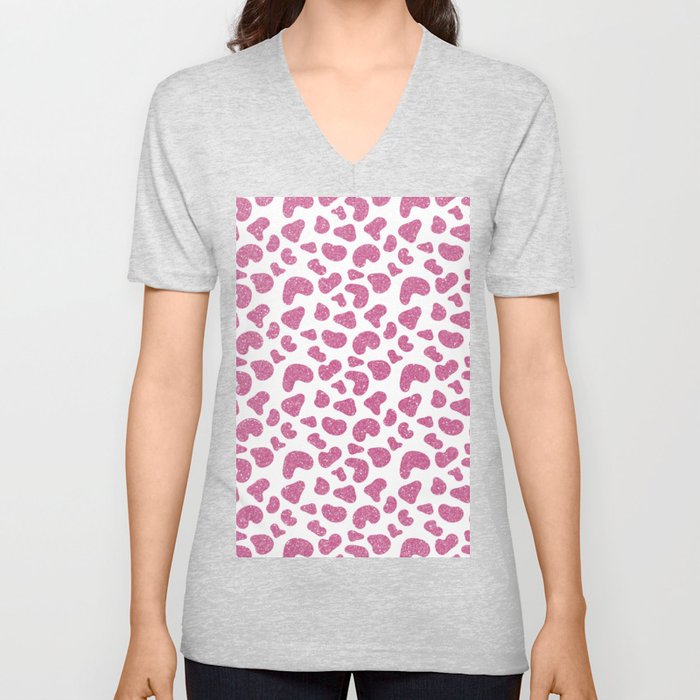 Chic Girly Pink Glitter Gradient Cheetah Print V Neck T Shirt