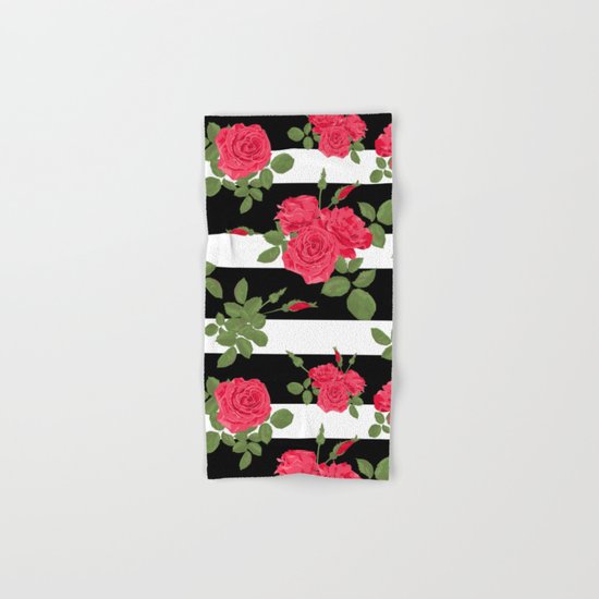 Red roses with horizontal stripes black white Hand & Bath Towel