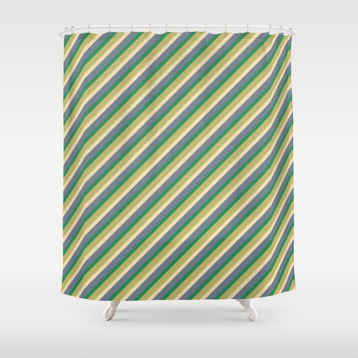Sea Green, Dark Khaki, Tan, and Slate Gray Colored Striped Pattern Shower Curtain