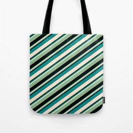 [ Thumbnail: Dark Cyan, Beige, Dark Sea Green, and Black Colored Lines/Stripes Pattern Tote Bag ]