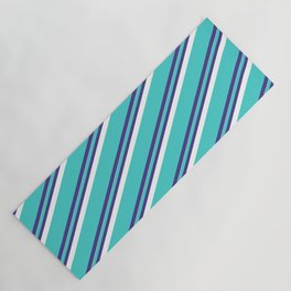 [ Thumbnail: Turquoise, Dark Slate Blue & White Colored Striped Pattern Yoga Mat ]