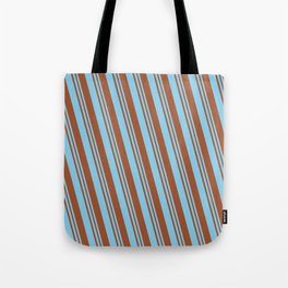 [ Thumbnail: Sky Blue & Sienna Colored Lined/Striped Pattern Tote Bag ]