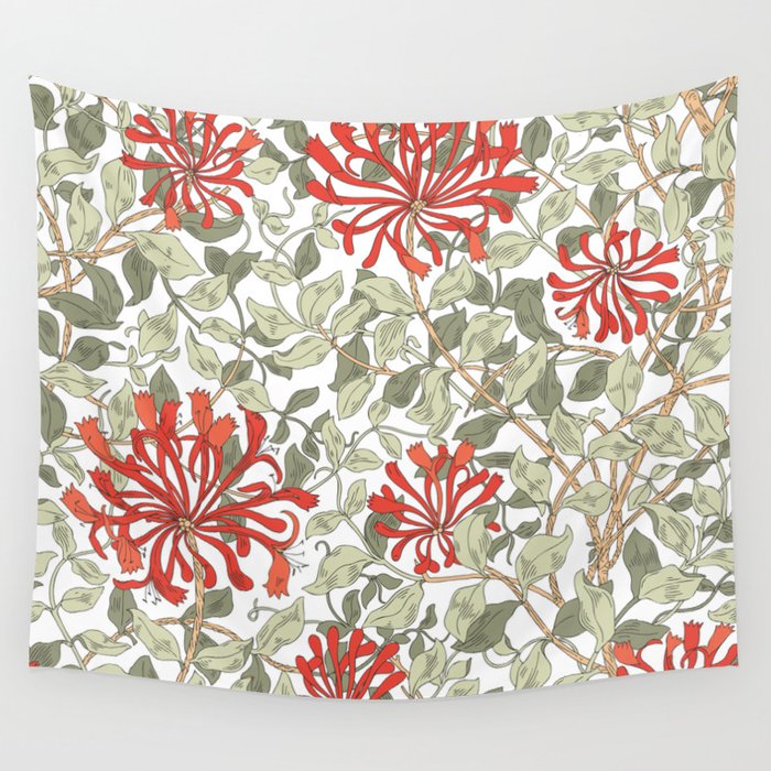 William Morris Honeysuckle Floral Coral Red Green & White Wall Tapestry