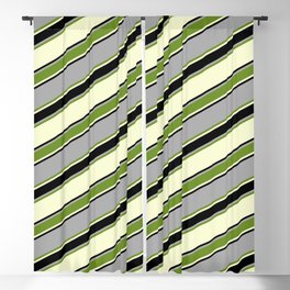 [ Thumbnail: Dark Grey, Green, Light Yellow, and Black Colored Lined Pattern Blackout Curtain ]