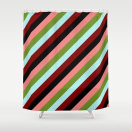 [ Thumbnail: Eyecatching Light Coral, Green, Turquoise, Maroon & Black Colored Striped/Lined Pattern Shower Curtain ]