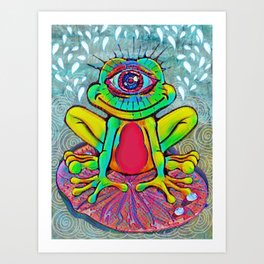 One Eyed Rainbow Frog On Pink Lily Pad Art Print