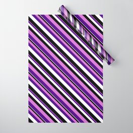 [ Thumbnail: Orchid, Indigo, White, and Black Colored Stripes/Lines Pattern Wrapping Paper ]