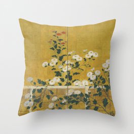 Red and White Chrysanthemums Vintage Japanese Gold Leaf Screen Throw Pillow
