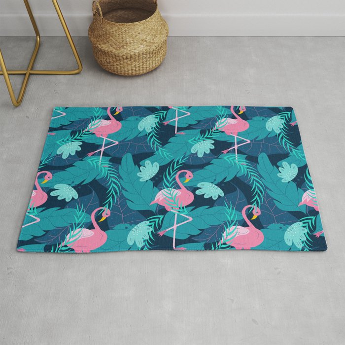 Seamless summer pattern with pink flamingo and tropical leaves Rug