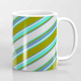 [ Thumbnail: Green, Blue, Light Gray & Turquoise Colored Striped Pattern Coffee Mug ]