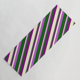 [ Thumbnail: Orchid, Dark Green, Purple, and Light Yellow Colored Stripes Pattern Yoga Mat ]