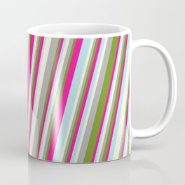 [ Thumbnail: Beige, Dark Gray, Green, Deep Pink, and Powder Blue Colored Stripes Pattern Coffee Mug ]