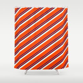 [ Thumbnail: Red, Blue, and Beige Colored Striped Pattern Shower Curtain ]